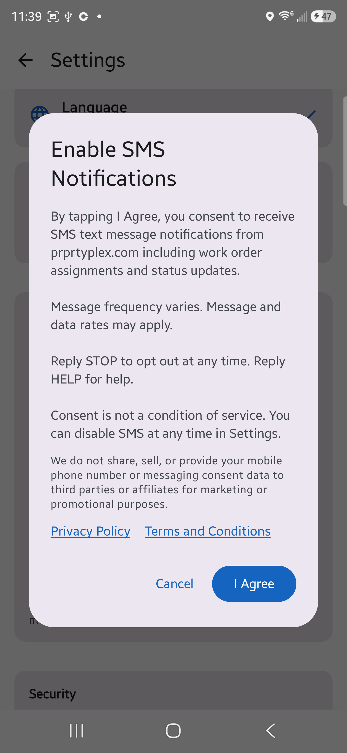 SMS consent dialog with I Agree and Cancel