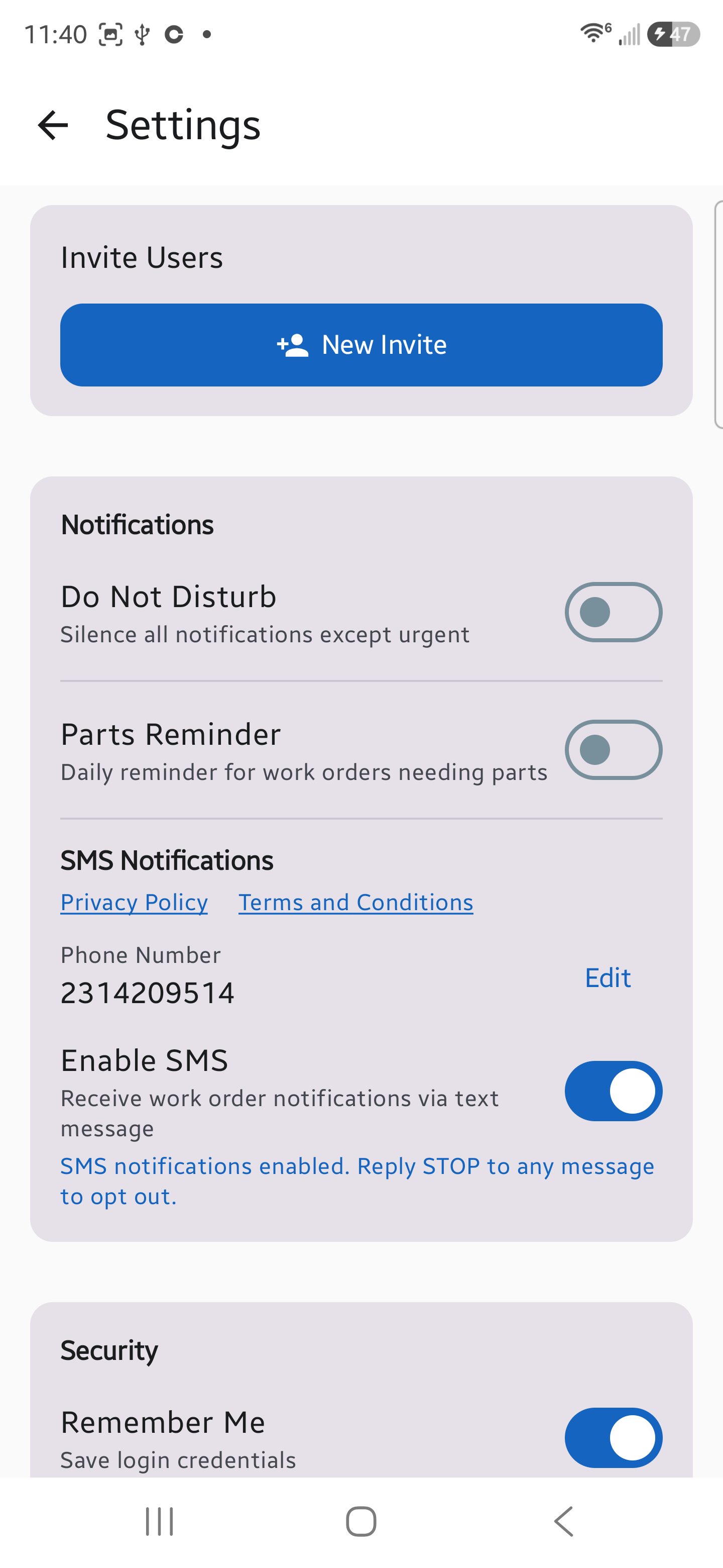 SMS enabled with confirmation message